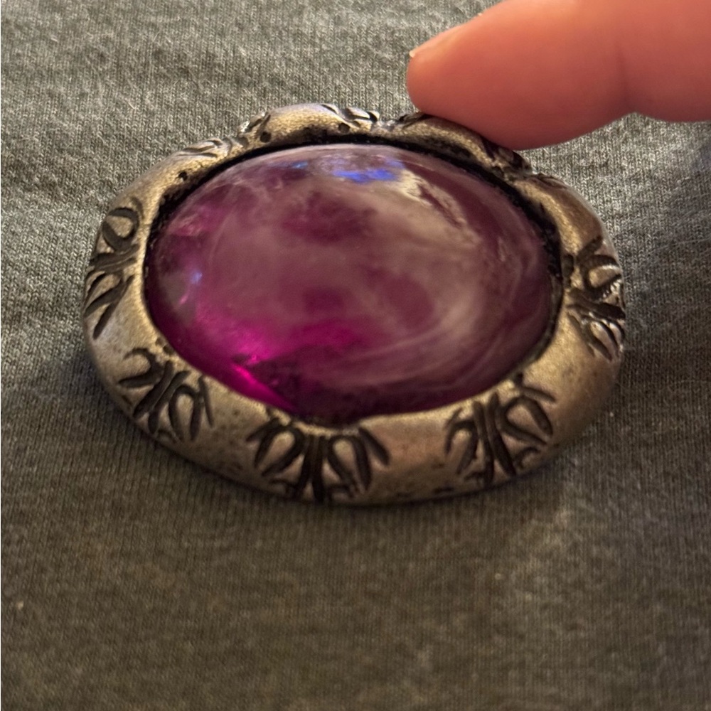 Silver w/ Purple Cabochon VTG Brooch - Picture 8 of 13